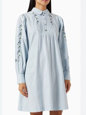 YAS Blue Yaskenly Embroidered Organic Cotton Mini Dress